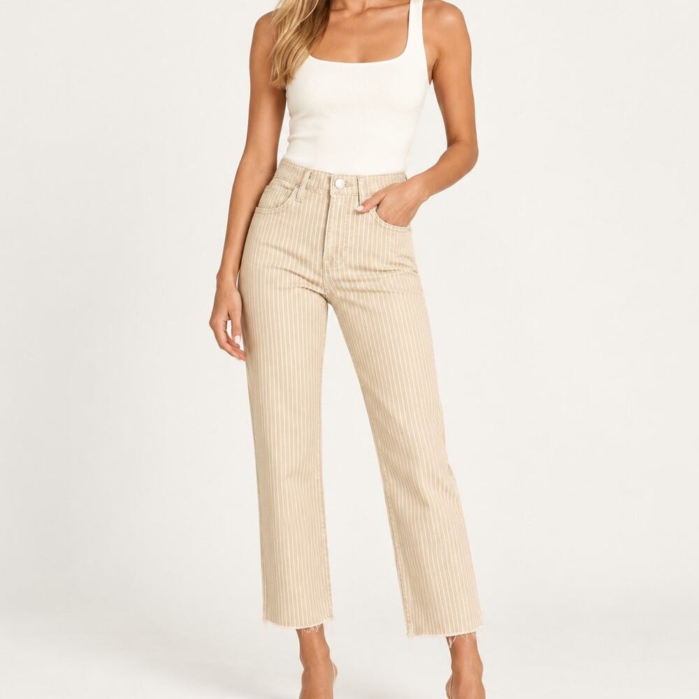 FRAME Le Jane Crop High Rise Straight Jeans in Beige Sand Striped Size 29